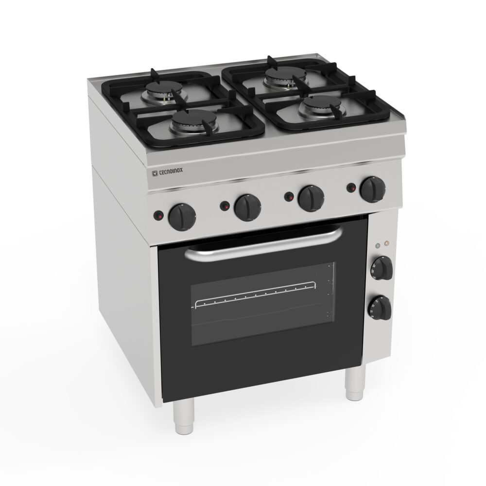 4burner gas cooker on electric convection oven with 1 grid and 1 tray