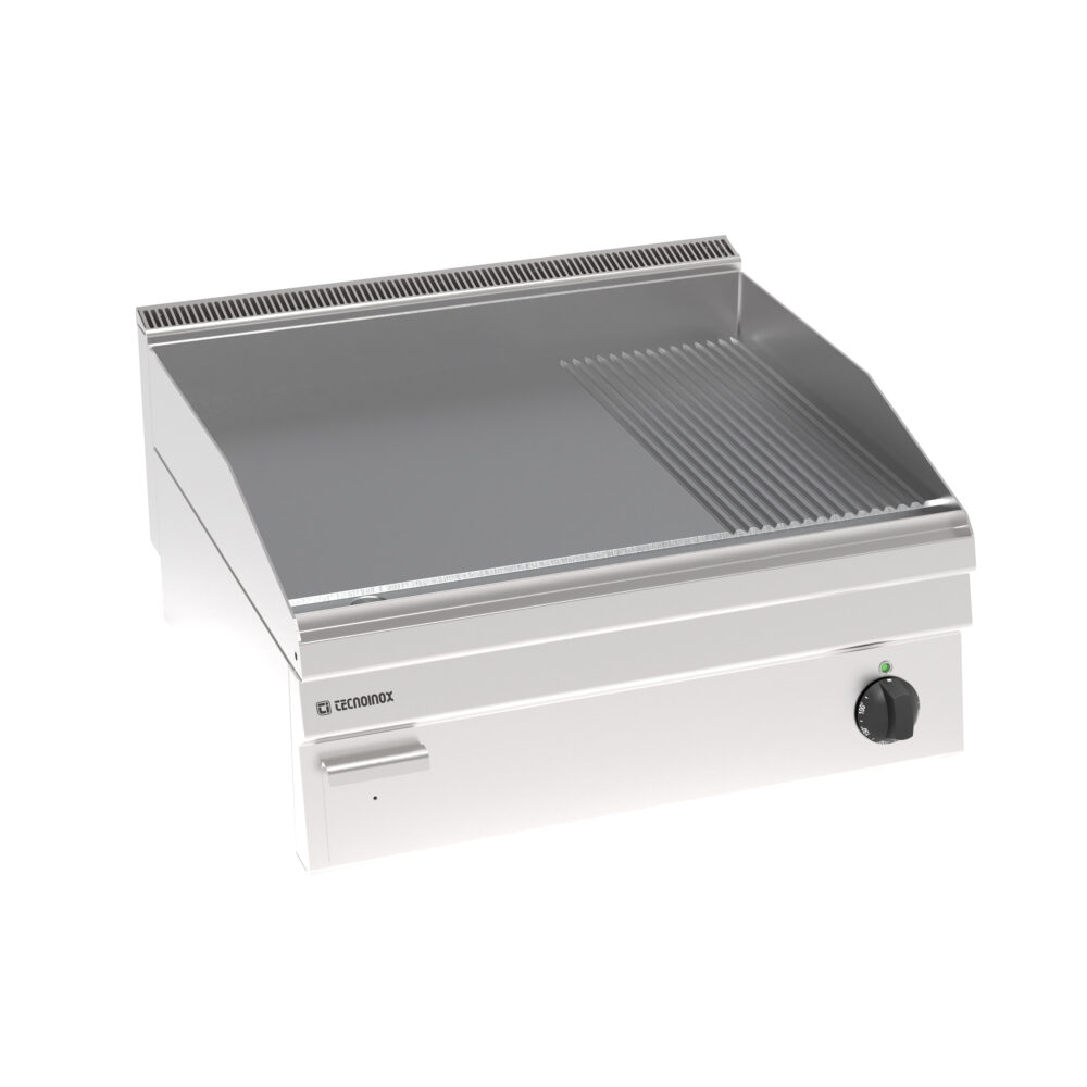 Electric griddle with brushed, chromeplated, 1/3 ribbed plate and