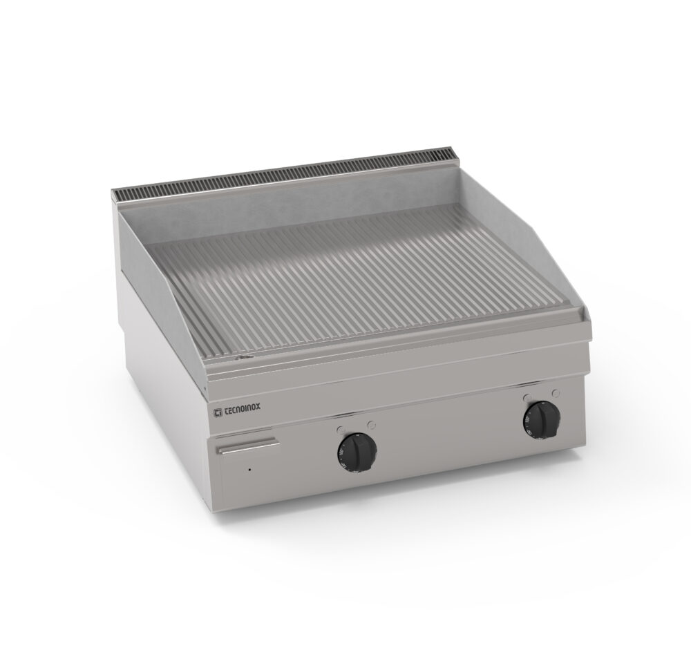 Electric griddle with brushed, chromeplated, ribbed plate (top version